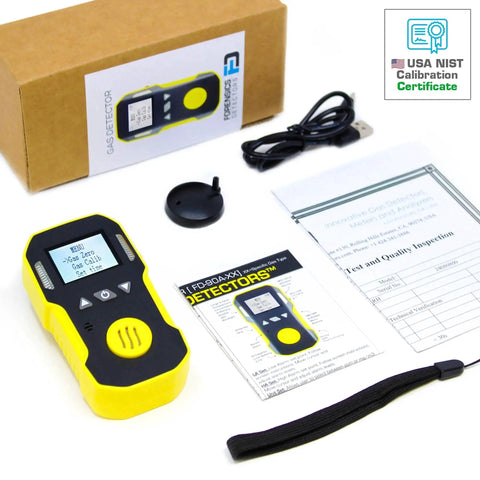 Hydrogen Fluoride Gas Detector With USA NIST Traceable Calibration, USB Recharge, box, cable, and manuals on display.