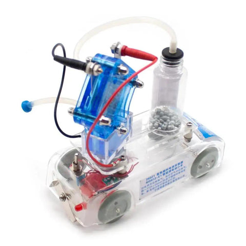 Hydrogen Fuel Cell Car Science Kit for Hands On STEM Learning with zinc and citric acid setup powering electric trolley model