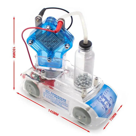 Hydrogen Fuel Cell Car Science Kit showing zinc and citric acid hydrogen production powering a mini electric trolley model vehicle.