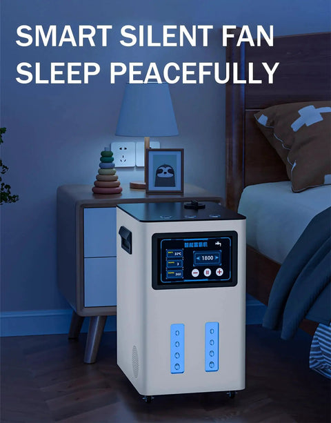 Two-User Hydrogen Inhalation Machine with 3-Port Design for Shared Therapy, bedside installation view, smart silent fan feature.