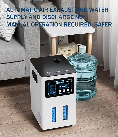 Two-User Hydrogen Inhalation Machine With 3-Port Design next to a couch, highlighting automatic air exhaust and water supply.