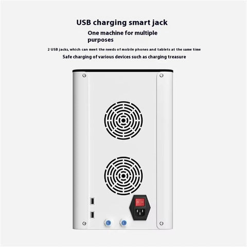 Back view of Hydrogen Inhalation Machine With 99 Point 99 Percent Purity H2 Electrolysis Tech showing USB charging ports and cooling vents.