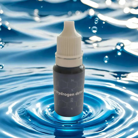 Precise Dissolved Hydrogen Test Reagent with Blue Indicator bottle on water background for home and lab use