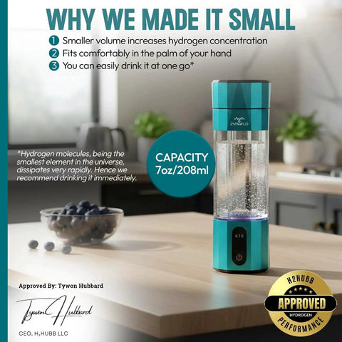 Hydrogen Water Bottle Generator With SPE PEM Membrane for peak H2 concentration, 7 oz capacity, displayed on kitchen counter.