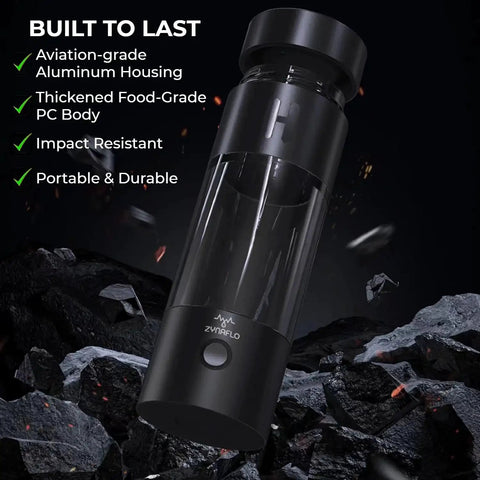Durable ZYNAFLO H2 Pro Onyx Black hydrogen water bottle with SPE PEM technology for fast hydration in active lifestyles.