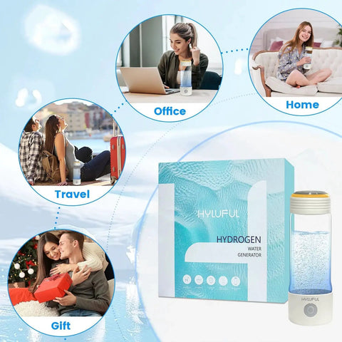 Hydrogen Water Bottle With 3 In 1 System 2300 PPB SPE PEM Technology shown in various lifestyle settings: travel, office, home, gift