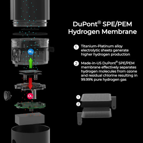 Exploded view of DuPont SPE PEM hydrogen membrane in ZYNAFLO H2 Pro Onyx Black bottle detailing titanium-platinum electrodes.
