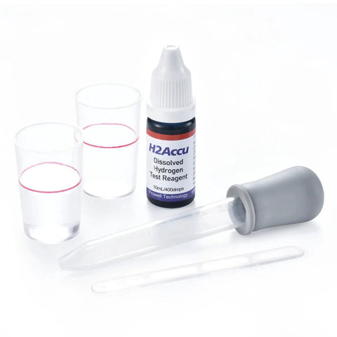 Hydrogen Water Test Kit With PH Strips for Accurate Blue Drops Reagent and H2 Tester, dual beaker system displayed with pipette and test reagent.