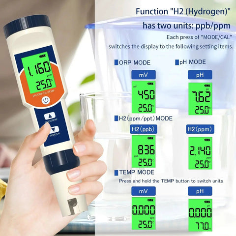 Hydrogen Water Tester and 4 In 1 Water Test Kit With pH H2 ORP and Temperature Meter For Drinking Water Bottles; display modes shown