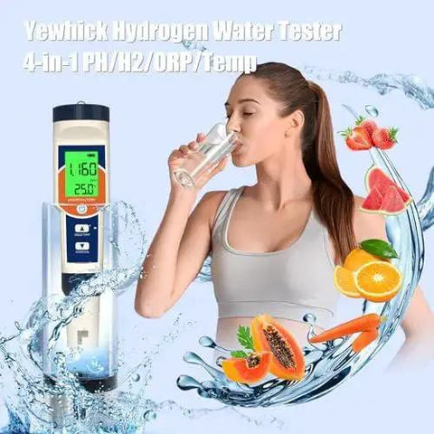Hydrogen Water Tester and 4 In 1 Water Test Kit With pH H2 ORP and Temperature Meter For Drinking Water Bottles alongside woman drinking