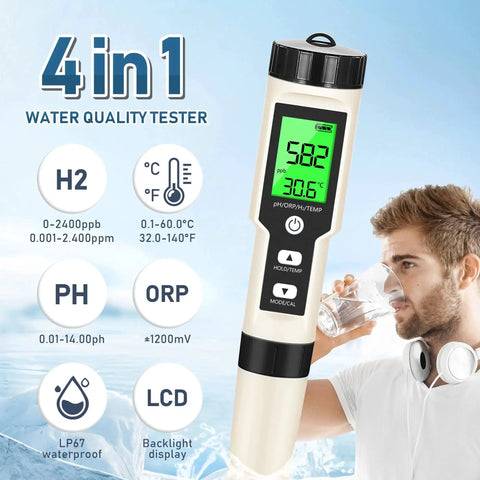 Hydrogen Water Tester 4 In 1 PH H2 ORP And Temp PH Meter ORP Meter, handheld with backlight display, measuring water quality.