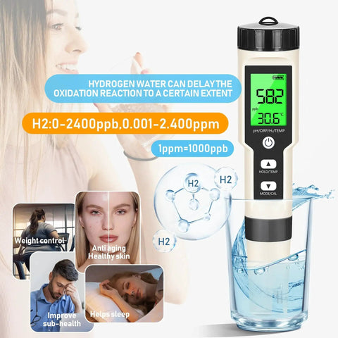 Hydrogen Water Tester 4 In 1 PH H2 ORP And Temp PH Meter ORP Meter in glass with display showing readings, features icons visible.