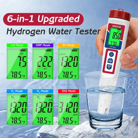 All In One Hydrogen Water Tester with Digital ORP Meter testing water, displaying 6-in-1 features for accurate measurements