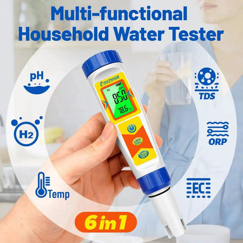 Hand holding Hydrogen Water Tester 6 In 1 With pH ORP TDS EC Temperature Meter, displaying digital screen and icons in background