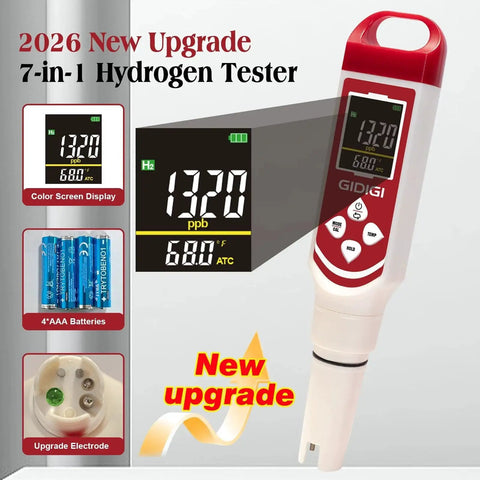Hydrogen Water Tester Meter 7 In 1 Digital H2 ORP pH TDS EC with display showing 1320 ppb hydrogen reading, upgrade features shown.