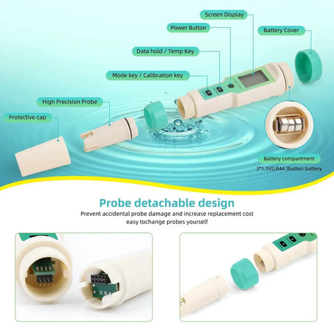 4 In 1 Hydrogen Water Tester With pH ORP H2 And Temperature Meter showing detachable probe and digital display