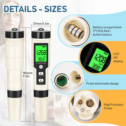 Hydrogen Water Tester 4 In 1 PH H2 ORP And Temp PH Meter with LCD display and detachable probe design