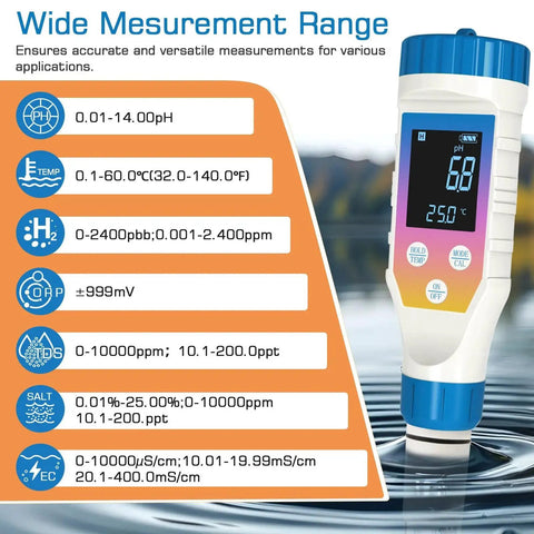All In One Hydrogen Water Tester Meter For Hydrogen Water Bottle 7 In 1 PH H2 TMEP EC TDS ORP Salt Kit displaying readings