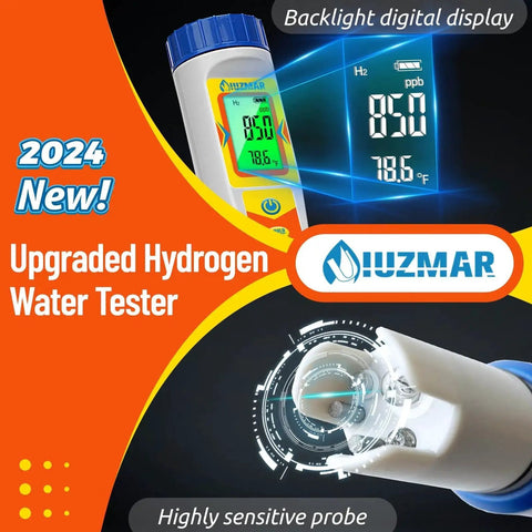 Upgraded Hydrogen Water Tester with digital display, highlights precise hydrogen and temperature readings, focus UIUZMAR 2024 model.