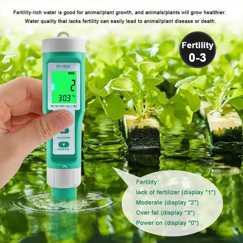 Hydrogen Water Tester 10 In 1 Digital Water Meter for drinking, showing fertility reading in hydroponic garden, hand holding device.