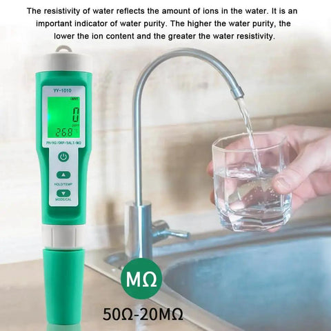 Hydrogen Water Tester 10 In 1 Digital Water Meter for drinking shown in use at a kitchen sink with clear water, measuring resistivity.
