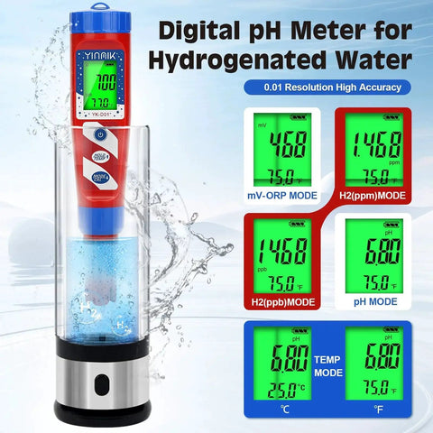 Hydrogen Water Tester And PH Meter For Hydrogenated Water Digital H2 Meter in use, showing mV-ORP, TEMP, and hydrogen measurement modes.