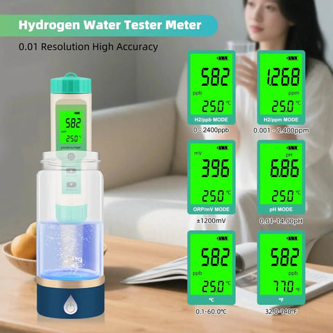 4 In 1 Hydrogen Water Tester With pH ORP H2 And Temperature Meter displaying readings, used for water quality testing