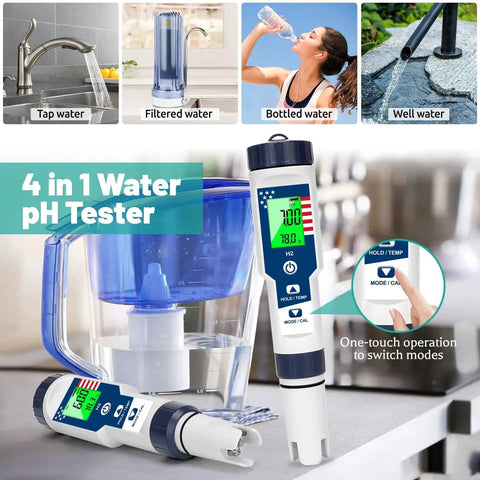 Hydrogen Water Tester with Dual H2 Modes and 4 in 1 pH ORP Meter for Drinking Water, showing digital display and water types.