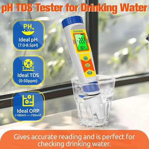 Hydrogen Water Tester 6 In 1 With pH ORP TDS EC Temperature Meter in glass showing digital reading on table near window