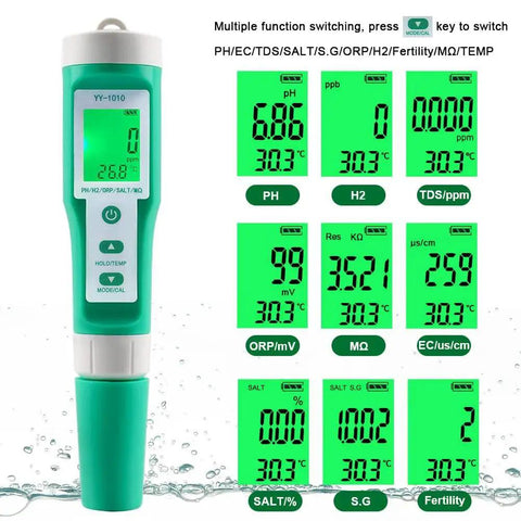 Hydrogen Water Tester 10 In 1 Digital Water Meter displaying pH, hydrogen, and more readings with ATC for home, hydroponics, pool use.