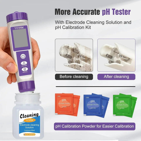 All In One Hydrogen Water Tester Kit with TDS Meter and ORP pH EC Tester showcasing pH cleaning solution and calibration powders.