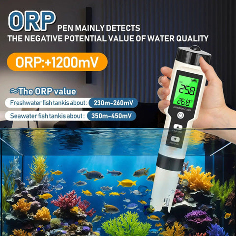 Hydrogen Water Tester 4 In 1 PH H2 ORP And Temp PH Meter in hand, displaying ORP readings above aquarium, ideal for water quality checks.