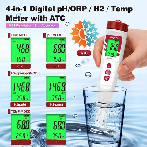 Hydrogen Water Tester With ORP Meter And Digital pH Tester for hydroponics, displaying measurements while submerged in water