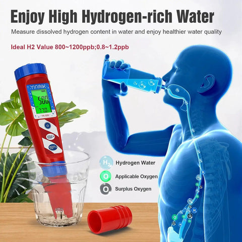 Hydrogen Water Tester And PH Meter For Hydrogenated Water Digital H2 Meter with ORP testing hydrogen levels in a glass and drink