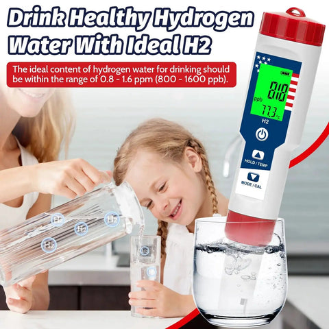 4 In 1 Water Quality Tester For Drinking Water With pH, Hydrogen H2, ORP And Temperature Readouts displayed near a child pouring water.