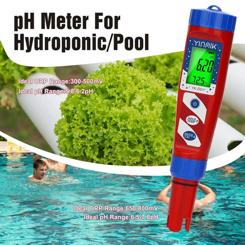 Hydrogen Water Tester And PH Meter For Hydrogenated Water Digital H2 Meter ORP PPM Modes, displayed near hydroponic lettuce and pool