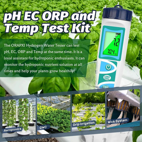 Hydrogen Water Tester Kit With PH ORP TDS EC Temperature And Dissolved Hydrogen Meter for hydroponics, showing digital display.