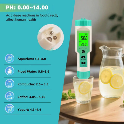 4 In 1 Hydrogen Water Tester With pH ORP H2 And Temperature Meter For Drinking Water Pools Aquariums Hydroponics Spa And Kombucha Brewing Home Labs Portable High Accuracy Water Quality Meter For On The Go on table with lemon water