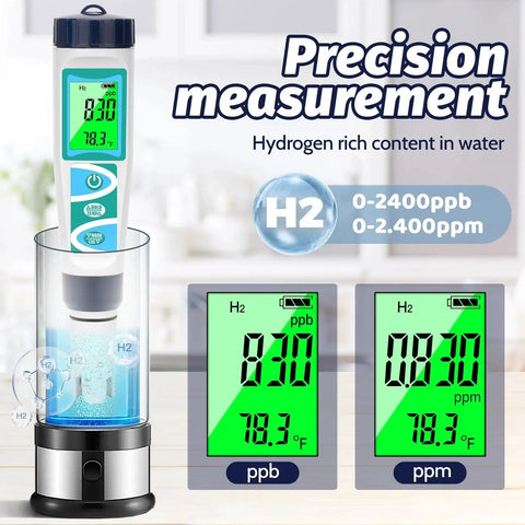 Hydrogen Water Tester Kit With PH ORP TDS EC Temperature And Dissolved Hydrogen Meter for precise water measurement display.