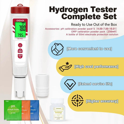 Hydrogen Water Tester with ORP Meter and pH Tester showcasing digital display and accessories, by GIDIGI