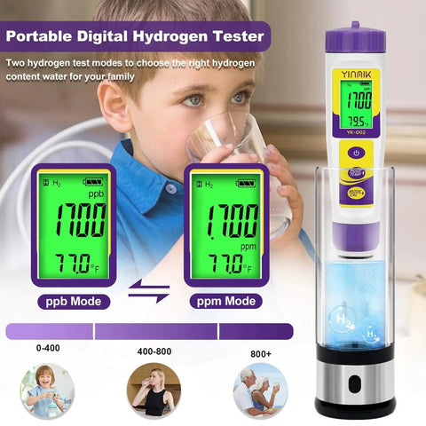 Child using Hydrogen Water Tester With ORP TDS And PH EC Meter Temperature Sensor Handy Six In One Water Quality Monitor by Yinmik