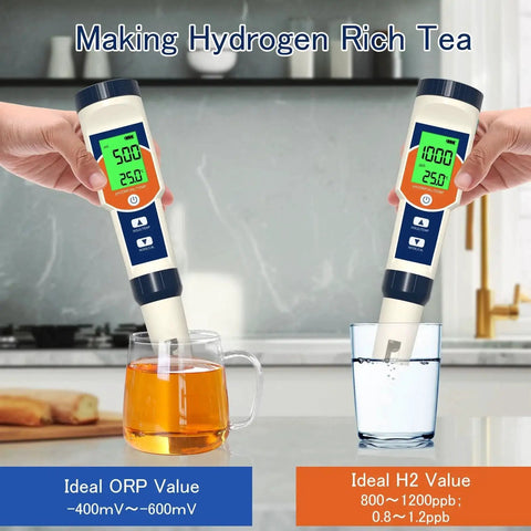 Hydrogen Water Tester and 4 In 1 Water Test Kit With pH H2 ORP and Temperature Meter testing tea and water in a kitchen setting.