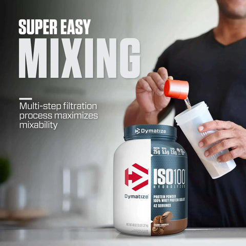 Man mixing Hydrolyzed Whey Isolate Protein Powder With 25g Protein And 5.5g BCAAs Per Serving, Gluten Free Gourmet Chocolate 3 lb canister
