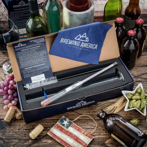 American Made Brewing Hydrometer Kit With NIST Traceable Triple Scale Specific Gravity ABV Tester in box with brewing accessories