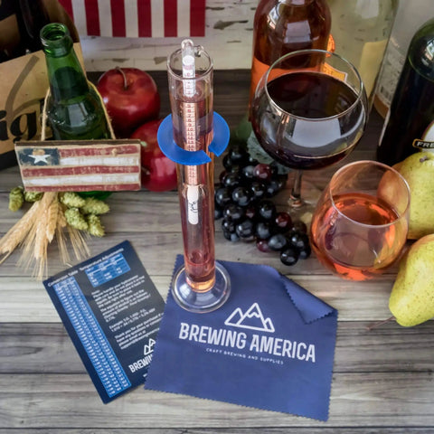 American Made Brewing Hydrometer Kit with NIST Traceable Triple Scale Specific Gravity ABV Tester Borosilicate Glass on table.