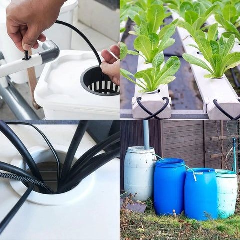 Hydroponic system and water barrels, showing various connections and plant setups.