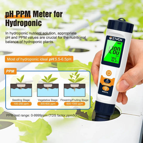 Hand holding pH PPM meter for hydroponic nutrient solution near plant, showing digital screen readout