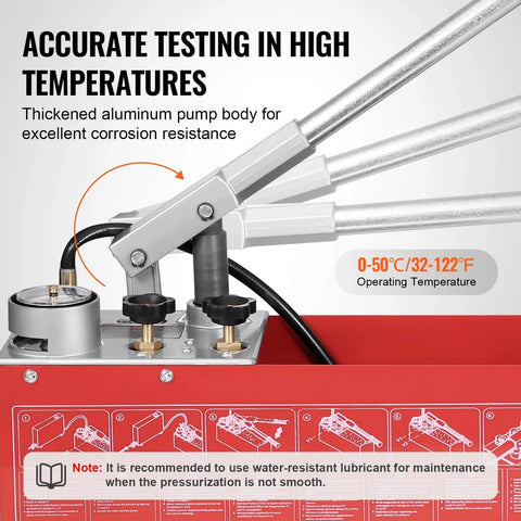Hydrostatic Test Pump, Max 25 bar/362 PSI, Dual Valve Hydraulic Manual Water Pressure Tester Kit with Gauge, aluminum body close-up