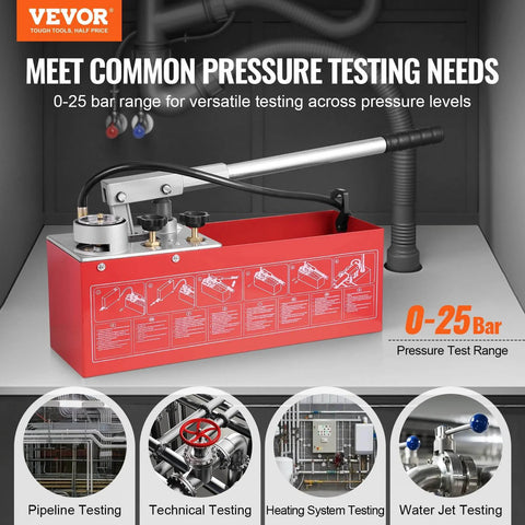 Image of a Hydrostatic Test Pump, Max 25 bar/362 PSI, Dual Valve Hydraulic Manual Water Pressure Tester Kit with red tank.