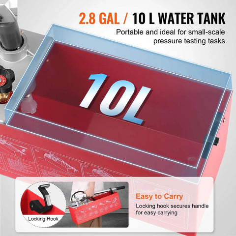 Hydrostatic Test Pump 2.8 gal tank, 10L capacity, labeled diagram with locking hook feature, red portable pressure tester kit.